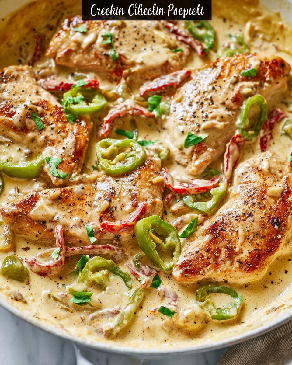 The image shows a white skillet filled with several browned chicken breasts, each piece seared to a golden brown with visible pepper flakes. The chicken is covered in a creamy light beige sauce that pools around and over the meat. Scattered over the dish are rings and slices of bright green and red pepperoncini peppers, adding pops of vibrant color and slight texture contrast. The sauce is smooth and thick, lightly coating the edges of the chicken and pooling at the bottom of the skillet. The backdrop is a white marbled texture, creating a clean and fresh setting. Photo taken with an iphone --ar 4:5 --v 7