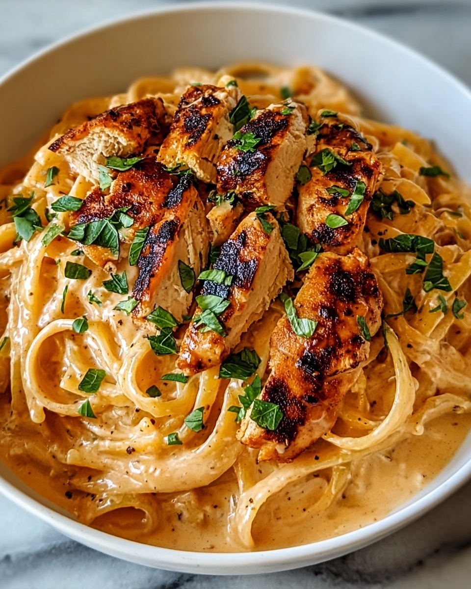A round white bowl filled with creamy pasta at the bottom layer, coated in a light orange sauce with a smooth texture. On top of the pasta, there are several pieces of grilled chicken with a lightly charred, golden-brown surface, scattered unevenly. Small green parsley leaves are sprinkled on the chicken, adding a fresh green touch to the dish. The background is a white marbled texture, giving a clean and bright look. Photo taken with an iphone --ar 4:5 --v 7