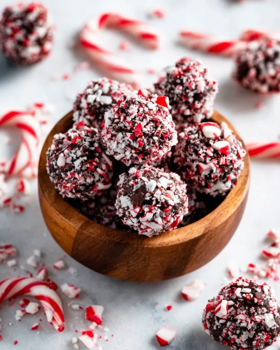 A wooden bowl filled with round chocolate truffles covered in crushed peppermint candy, giving them a rough, speckled texture in dark brown, white, and red. The bowl sits on a white marbled surface scattered with more crushed peppermint pieces, whole candy canes with red and white stripes, and a few loose truffles around it, creating a festive and cozy atmosphere. Photo taken with an iphone --ar 4:5 --v 7