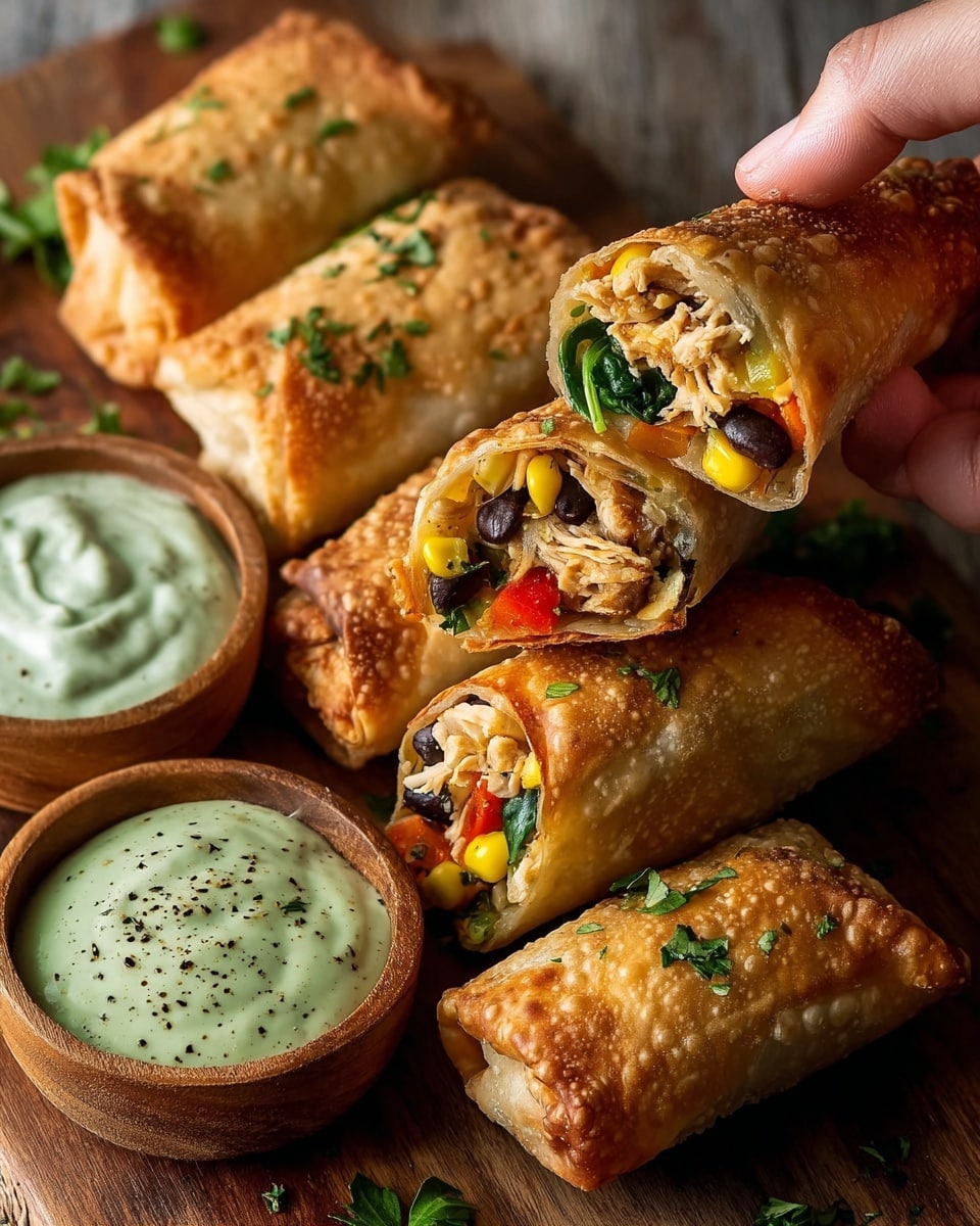 The image shows five crispy golden-brown spring rolls on a wooden board, with chopped green herbs sprinkled on top. Three spring rolls are whole, while two are cut in half, revealing a colorful filling made of shredded chicken, black beans, yellow corn, green leafy vegetables, and red bell peppers. A woman's hand is holding one of the spring rolls near the top right, showing the filling inside. Next to the spring rolls is a small wooden bowl filled with a creamy light green dipping sauce with small black specks. The food is placed on a white marbled textured surface. photo taken with an iphone --ar 4:5 --v 7