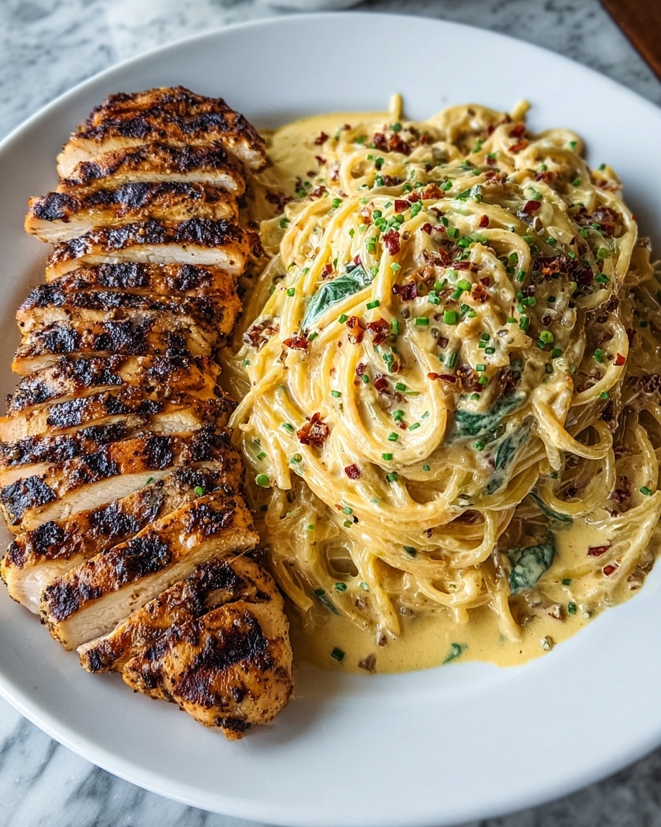 A white plate holds two main layers: on the left, there is a row of sliced grilled chicken breast with a dark golden-brown char and seasoning visible on the surface, and on the right, a mound of spaghetti covered in creamy sauce that has flecks of green herbs and red chili flakes. The creamy sauce on the pasta is thick and coats the noodles evenly, with some small bits of spinach mixed in. The grilled chicken slices sit neatly beside the pasta, and small bits of green garnish are sprinkled on top of both layers. The plate rests on a white marbled surface. photo taken with an iphone --ar 4:5 --v 7