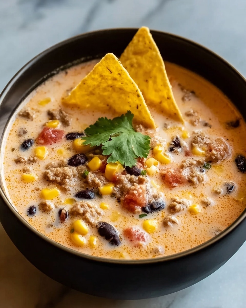 A black bowl filled with creamy soup that has visible layers of corn kernels, black beans, small bits of ground meat, and diced tomatoes mixed together. The soup has a light orange color and a smooth texture with small chunks inside. On top, two yellow tortilla chips stand upright and a green cilantro leaf is placed between them for garnish. The bowl sits on a white marbled surface. photo taken with an iphone --ar 4:5 --v 7