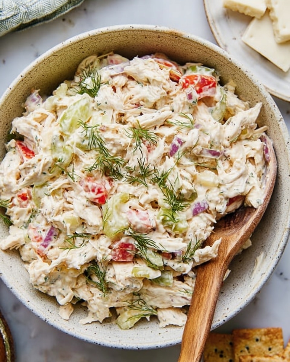 A white bowl filled with a creamy chicken salad that has visible shredded white chicken pieces mixed with thin slices of green and red peppers, small bits of red onion, and garnished with green dill leaves on top. The texture looks rich and slightly chunky, with a dressing that lightly coats all the ingredients. A wooden spoon is partly inside the bowl resting against the side. The bowl sits on a white marbled surface, next to a few crackers and a small plate with crumbled white cheese. Photo taken with an iphone --ar 4:5 --v 7