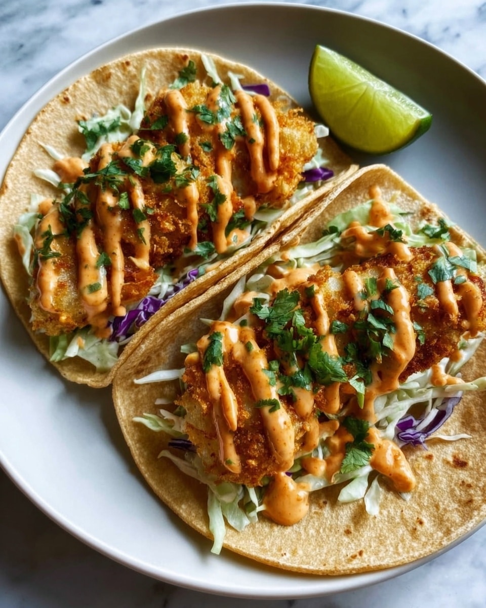 Two soft corn tortillas on a white plate with a white marbled surface underneath, each filled with a layer of shredded cabbage at the bottom, topped with crispy golden-brown fried fish pieces, drizzled with a creamy orange sauce, and sprinkled with fresh green cilantro leaves. A wedge of lime is placed on the side. Photo taken with an iphone --ar 4:5 --v 7