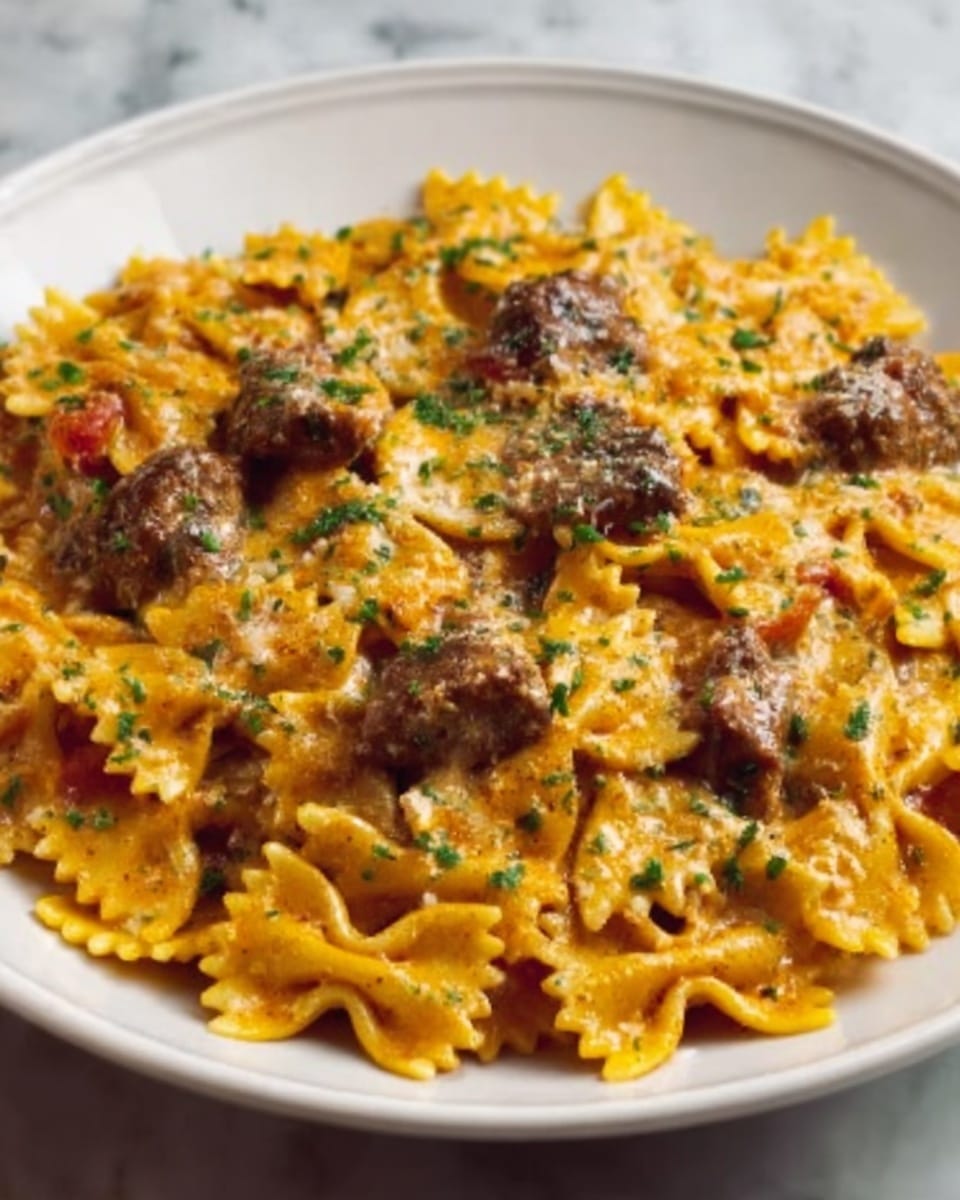The image shows a close-up of a white plate filled with bow-tie shaped pasta covered in a rich, thick sauce. The sauce is dark brown with chunks of meat spread evenly among the pasta, giving it a hearty and textured look. The pasta is yellow with a soft matte texture, some pieces slightly overlapping others in layers. Small bits of green herbs are sprinkled on top, adding a touch of fresh color. The plate sits on a white marbled surface, creating a clean and bright background. photo taken with an iphone --ar 4:5 --v 7