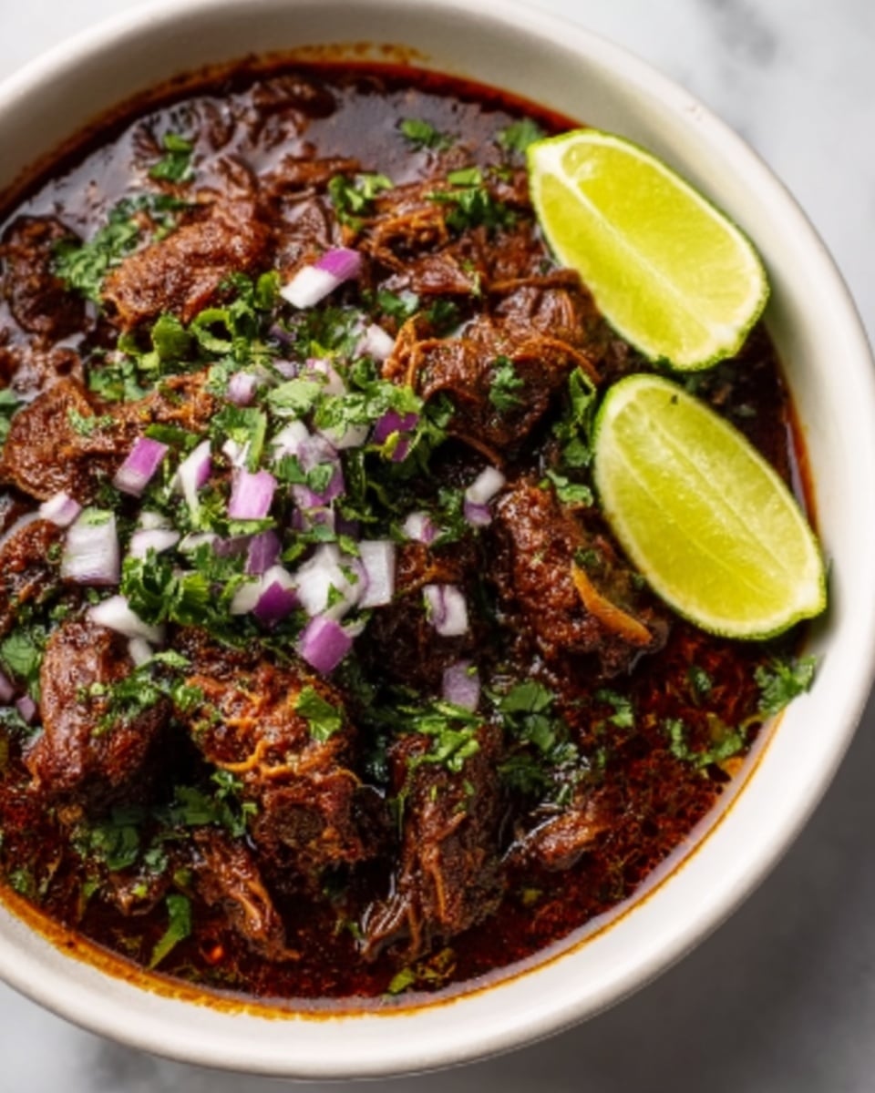 A white bowl contains a dark brown stew filled with shredded meat pieces, garnished with small chopped red onions and green herbs scattered on top. Two lime wedges rest on the right side inside the bowl, adding a fresh touch. The bowl sits on a white marbled textured surface. The colors are rich and the textures show tender meat mixed with fresh, bright toppings. Photo taken with an iphone --ar 4:5 --v 7