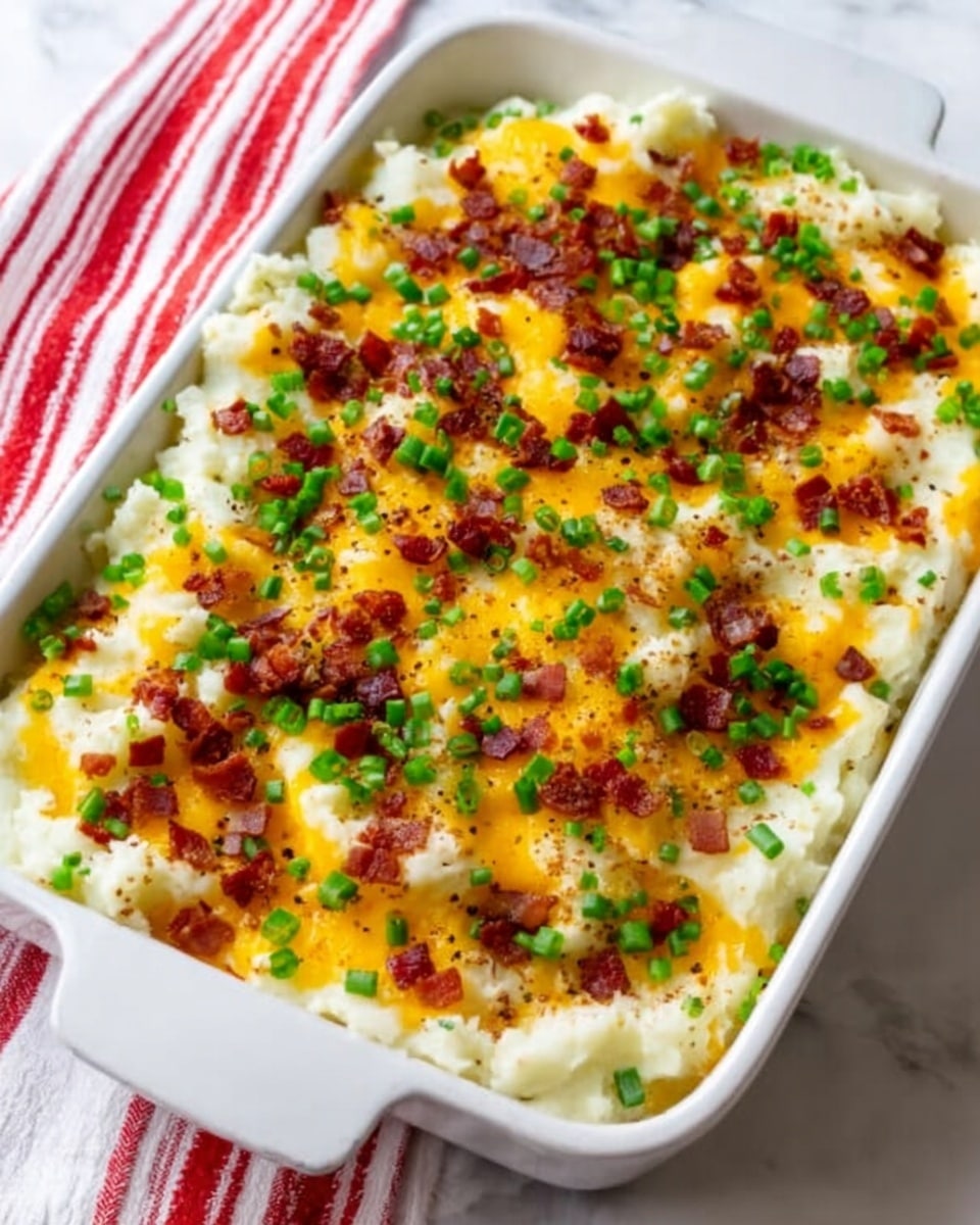 The image shows a white rectangular baking dish filled with a cheesy casserole. The base layer is a creamy mixture with small pieces of white cauliflower, topped with melted golden yellow cheddar cheese. Scattered over the cheese are small, crispy dark red bacon bits and finely chopped green chives for a fresh color contrast. The dish sits on a white marbled surface next to a white cloth with red stripes. photo taken with an iphone --ar 4:5 --v 7