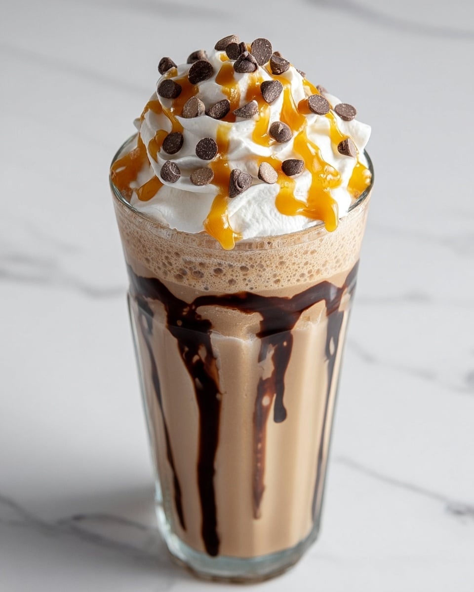 A tall clear glass filled with a light brown creamy milkshake that has dark chocolate syrup drizzled inside the glass creating vertical streaks visible through the drink. On top, there is a large swirl of white whipped cream with a smooth texture, drizzled with golden caramel sauce and sprinkled with small round chocolate chips scattered evenly. The glass is placed on a white marbled surface. photo taken with an iphone --ar 4:5 --v 7