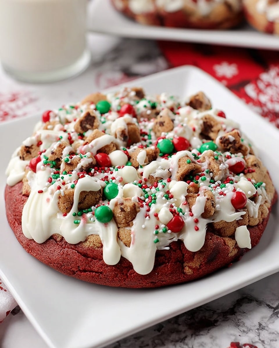 The image shows a single large round cookie with a thick base layer of deep red color and soft, cake-like texture. On top, there is a layer of white cream spread evenly, holding small round chocolate chip cookie pieces scattered across the surface. The white cream is also decorated with red, green, and white round sprinkles, small green leaf-shaped sprinkles, and tiny red and white balls. White cream is drizzled over the top in thin stripes, adding texture and detail. The cookie rests on a simple white square plate with a white marbled background. Photo taken with an iphone --ar 4:5 --v 7
