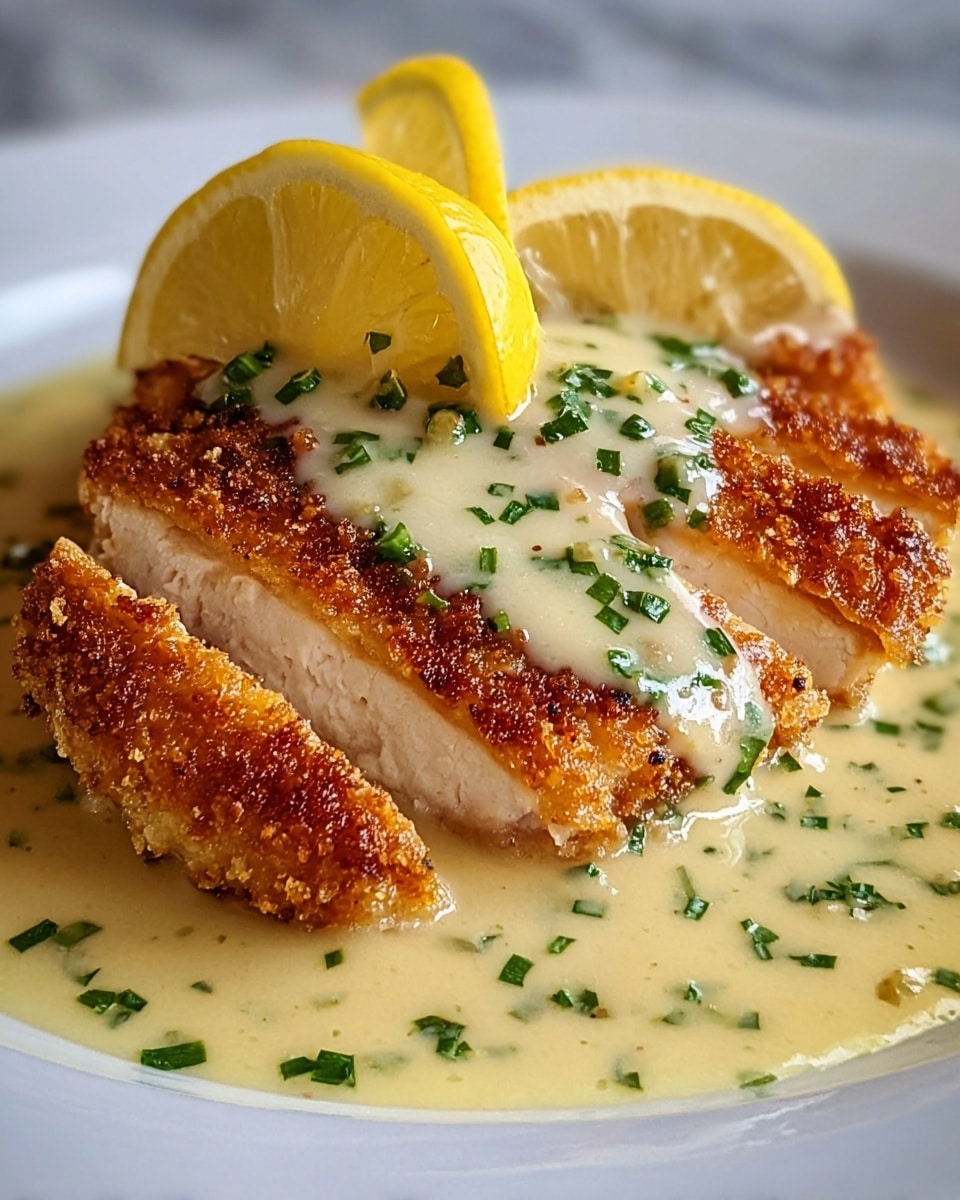 A white plate holds a golden-brown crispy chicken breast cut diagonally to show juicy white meat inside, topped with a creamy light yellow sauce sprinkled with small green herb pieces. Two bright yellow lemon wedges rest on top, adding fresh color. The sauce pools softly around the chicken on the plate, with more green herbs scattered lightly on the sauce. The background is a white marbled texture. photo taken with an iphone --ar 4:5 --v 7
