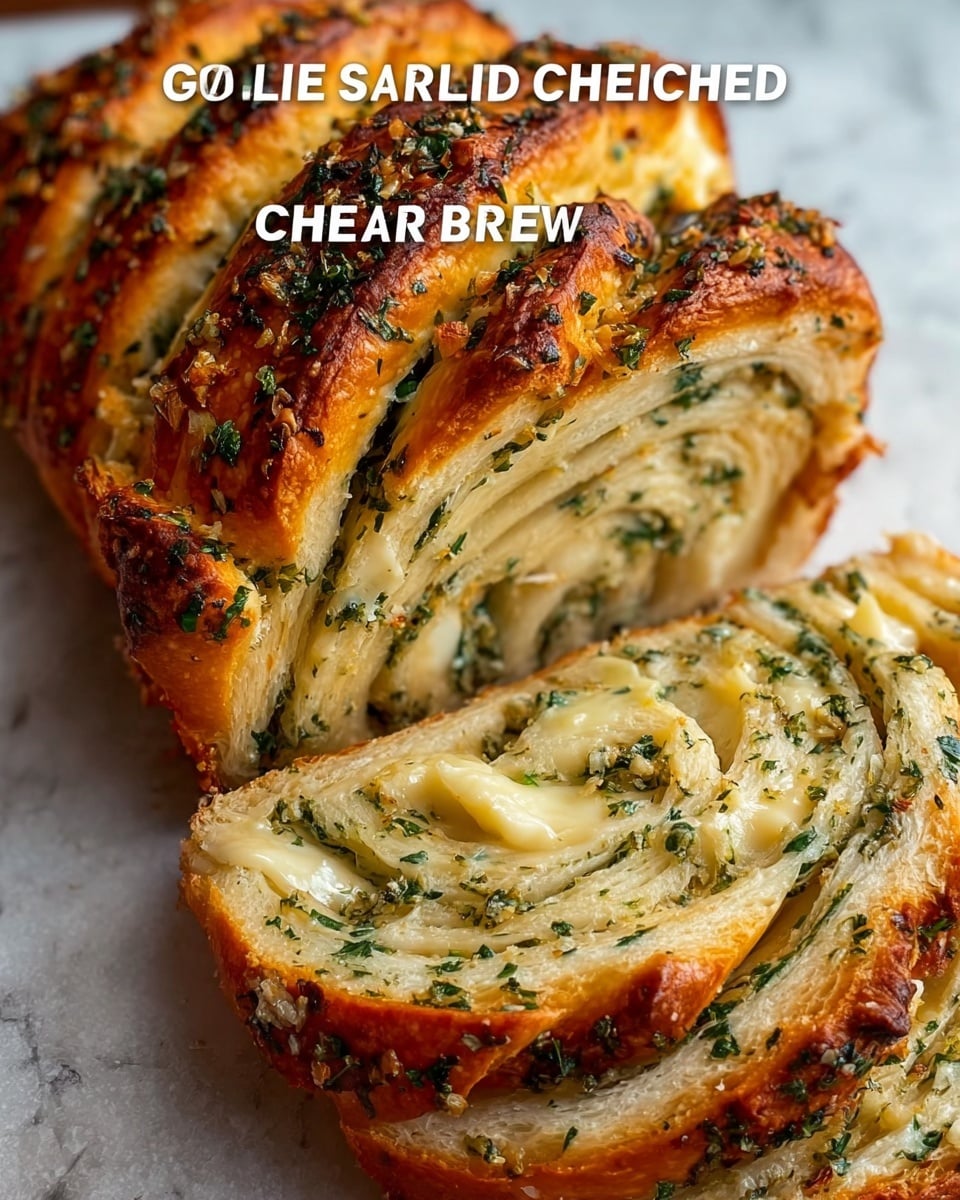 The image shows a loaf of swirled garlic herb and cheese bread with a golden brown crust topped with green herbs and melted cheese bits. The bread has multiple layers visible in the swirl, with light yellow cheese and finely chopped green herbs spread over the soft white dough inside. The top layer is rich with crispy, browned cheese and herbs that create small textured pockets. The bread is cut partially at one end, revealing the soft, fluffy inside and the tight spiral of cheese and herbs. The bread rests on a surface with a white marbled texture in the background. photo taken with an iphone --ar 4:5 --v 7