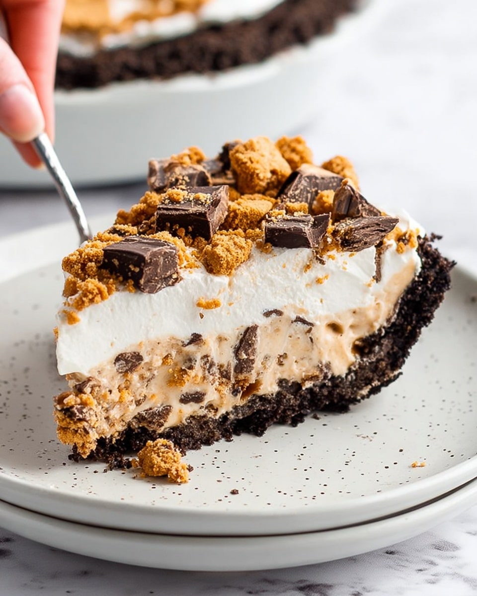 A slice of layered pie sits on a white plate with a speckled surface, placed on a white marbled texture. The pie has a dark brown crumbly crust as the base. Above the crust is a thick layer of creamy, light brown filling mixed with chunks. On top of that is a thick layer of smooth white cream, and the whole slice is topped with pieces of crumbly golden brown cookie bits and chocolate chunks scattered unevenly. The edges of the slice show the different layers clearly, making it look rich and textured. Photo taken with an iphone --ar 4:5 --v 7