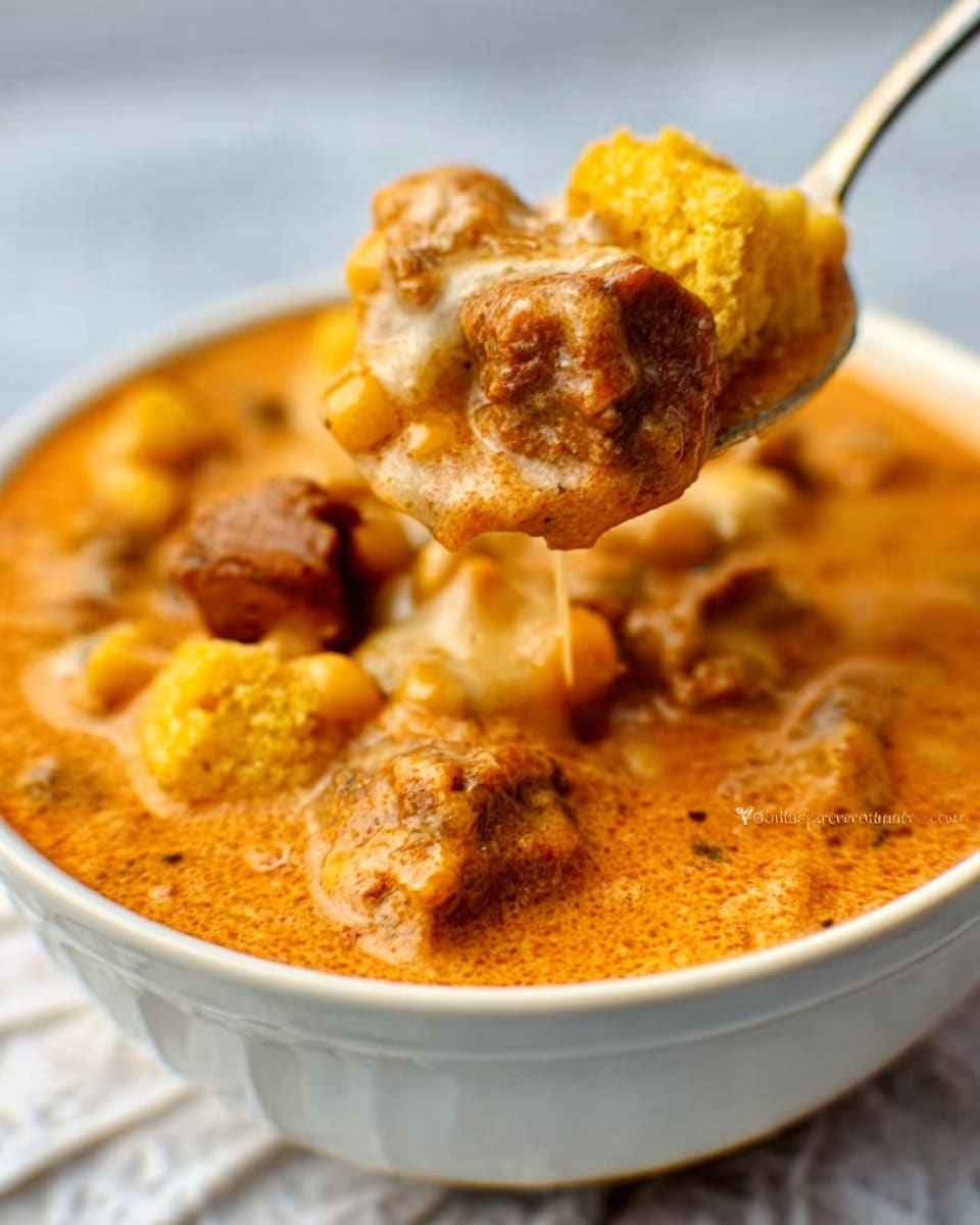 The image shows a close-up of a spoon lifting a thick creamy stew from a white bowl filled with more of the stew. The stew has several layers visible: the bottom layer is a smooth, orange tomato-based sauce, the middle layer contains chunks of browned sausage and melted cheese, and on top are golden brown pieces of cornbread, with a slightly crispy texture. The spoon and the bowl rest on a white marbled surface with a blurred warm brown background. Photo taken with an iphone --ar 4:5 --v 7