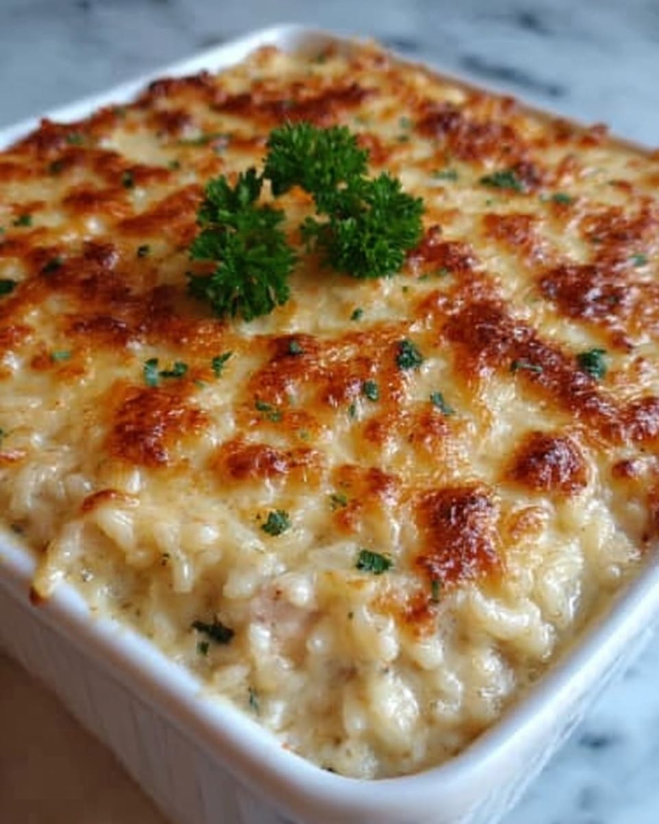 The image shows a close-up of a white square baking dish filled with creamy baked rice and chicken. The dish has a golden brown top layer with a slightly crispy texture and melted cheese, with bits of herbs sprinkled on top. Below the top layer, you can see a creamy mix of white rice and small pieces of chicken. There are two small sprigs of fresh green parsley placed in the center for decoration. The dish is sitting on a surface with a white marbled texture. photo taken with an iphone --ar 4:5 --v 7
