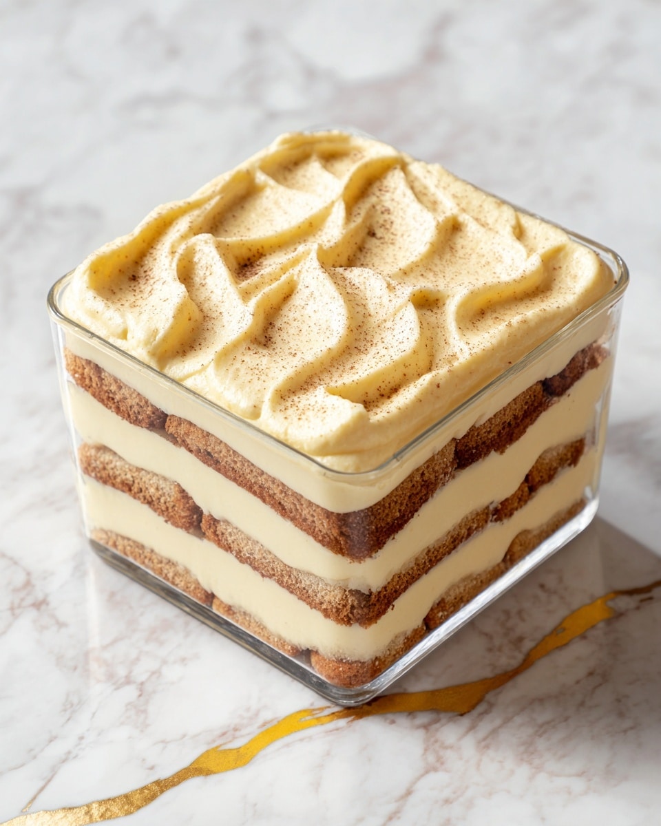 The dessert is a square-shaped layered tiramisu in a clear glass container, showing three visible layers of light brown ladyfinger biscuits alternating with creamy pale yellow mascarpone cream. The top layer is a smooth, thick spread of the creamy mascarpone with gentle swirls on the surface. The container is placed on a white marbled surface with subtle grey veins and a small gold decorative line next to it. photo taken with an iphone --ar 4:5 --v 7