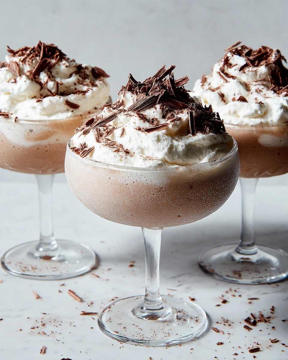 The image shows three frosty coupe glasses filled with a light brown creamy drink. Each glass is topped with a thick swirl of white whipped cream with soft, smooth texture. On top of the whipped cream, there are dark brown chocolate shavings scattered generously, with some falling mid-air on the central glass. The glasses have a slight frost on the outside, making the drink look extra cold and refreshing. The background and surface are white marbled texture, providing a clean and bright setting. photo taken with an iphone --ar 4:5 --v 7