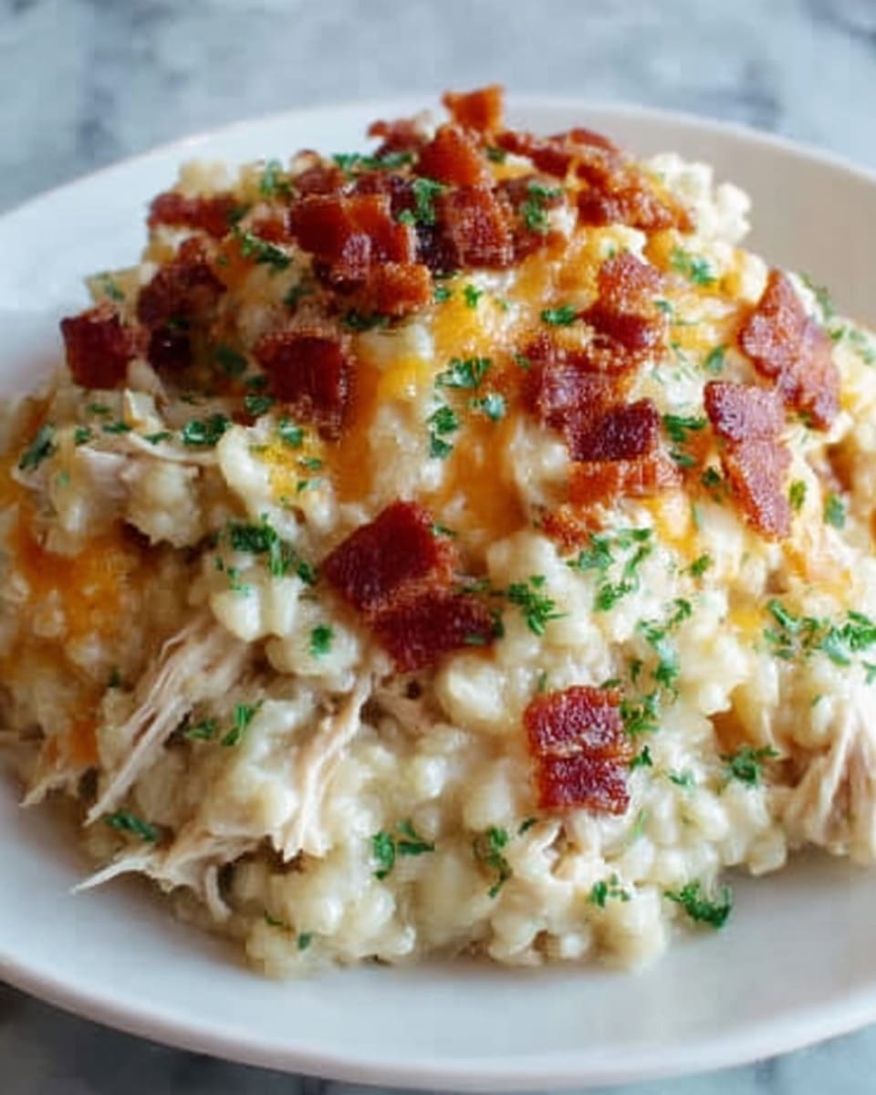 The image shows a close-up of a creamy chicken and rice dish served on a white plate. The dish has visible shredded chicken mixed throughout the soft, creamy rice, with slightly browned cheese melted on top. Small pieces of crispy, reddish-brown bacon are scattered over the cheese, adding texture. Green herbs are lightly sprinkled on top, offering a fresh contrast in color. The background features a white marbled surface. Photo taken with an iphone --ar 4:5 --v 7