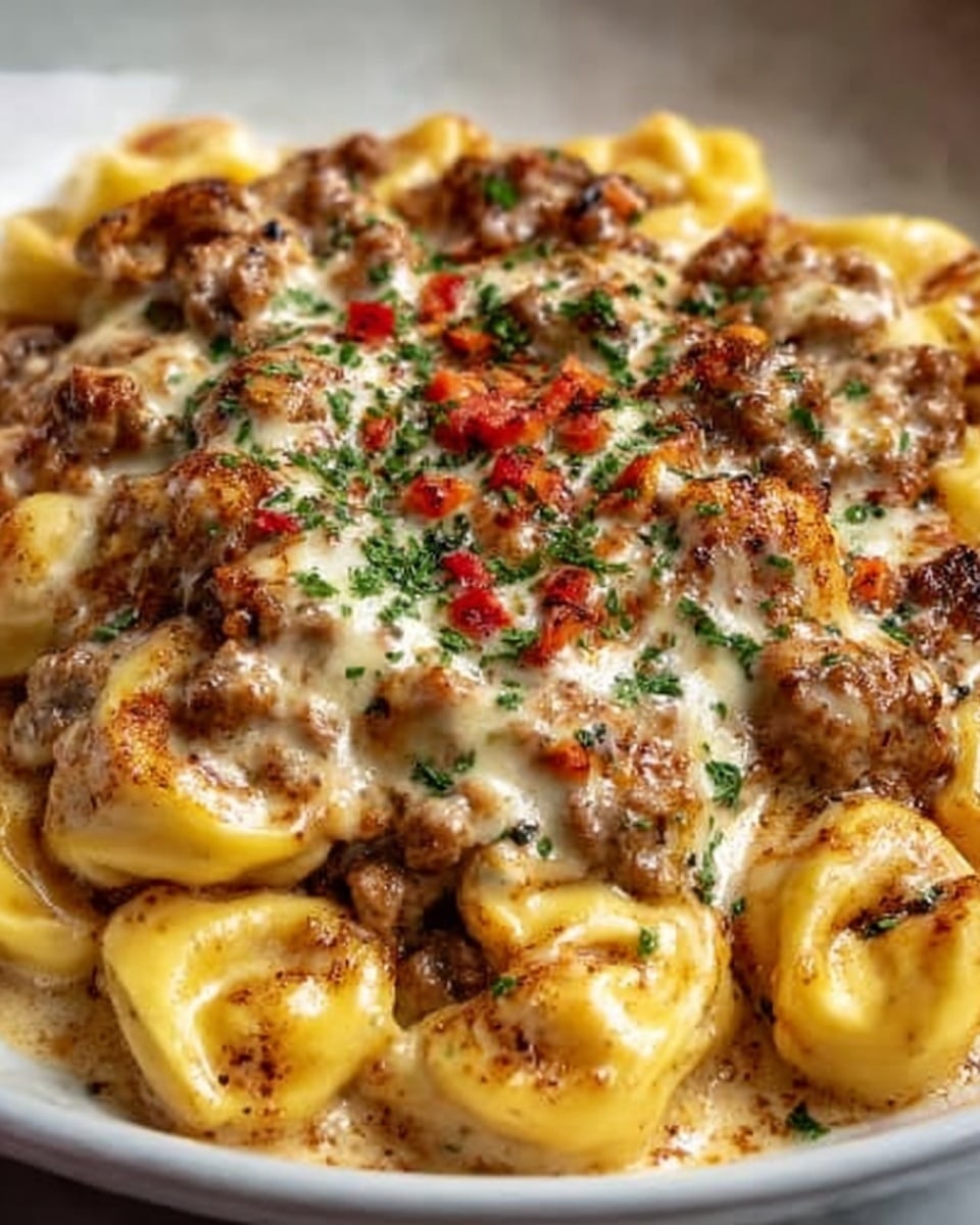The dish shows a close-up of tortellini pasta covered in a creamy sauce with browned ground meat mixed throughout. On top, there is a layer of melted cheese with small pieces of red bell pepper and finely chopped green herbs sprinkled evenly over it. The tortellini are golden-yellow with a smooth texture, sitting on a white marbled surface. The photo focuses tightly on the dish, highlighting the creamy and slightly crispy textures of the sauce and cheese, with a clear depth showing multiple layers of pasta, meat, sauce, cheese, and toppings. Photo taken with an iphone --ar 4:5 --v 7