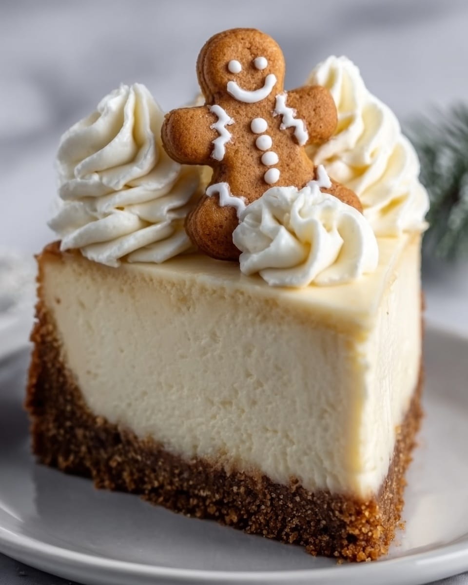 A slice of creamy cheesecake with a thick, crumbly brown crust at the bottom, topped with three large swirls of white whipped cream. In the middle of the whipped cream sits a small gingerbread man cookie, decorated with white icing details. The cheesecake has a smooth, pale yellow layer, and the slice sits on a simple white plate. The background is a white marbled surface, giving a clean and bright feel. photo taken with an iphone --ar 4:5 --v 7