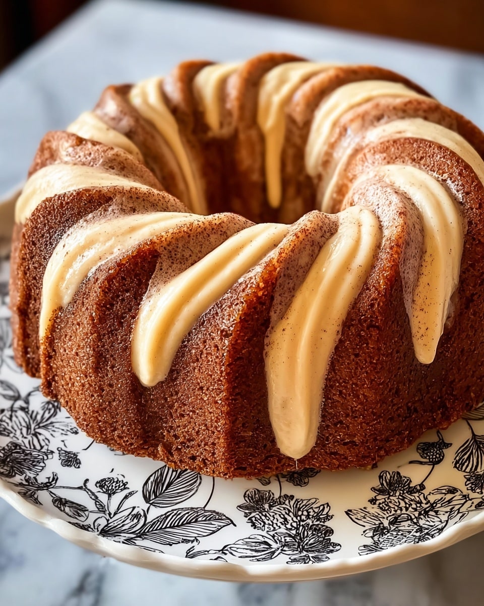 A bundt cake with two visible layers swirled together in a circular shape. The bottom layer is a rich brown color with a slightly rough texture, while the top layer is a creamy light beige with a smooth, soft texture. The cake has a rounded, wavy pattern, highlighting the contrast between the two colors. It is placed on a white plate with a black floral design, set on a white marbled surface. Photo taken with an iphone --ar 4:5 --v 7