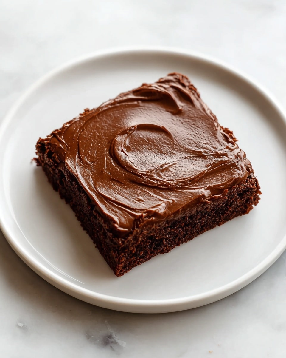 A single square piece of chocolate brownie sits centered on a white round plate, placed on a white marbled surface. The brownie has one visible thick layer of dark chocolate cake with a moist texture, topped with a smooth, glossy, and thick layer of dark chocolate frosting spread evenly in swirled patterns across the surface. The edges of the brownie are slightly rough, showing the dense cake inside. Photo taken with an iphone --ar 4:5 --v 7