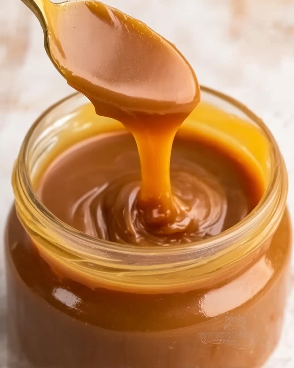 A close-up view of a glass jar filled with smooth, thick caramel sauce that has a shiny, rich brown color. A spoon is dipped into the caramel, showing its creamy texture and slight swirl from being stirred. The jar is placed on a white marbled texture background. photo taken with an iphone --ar 4:5 --v 7