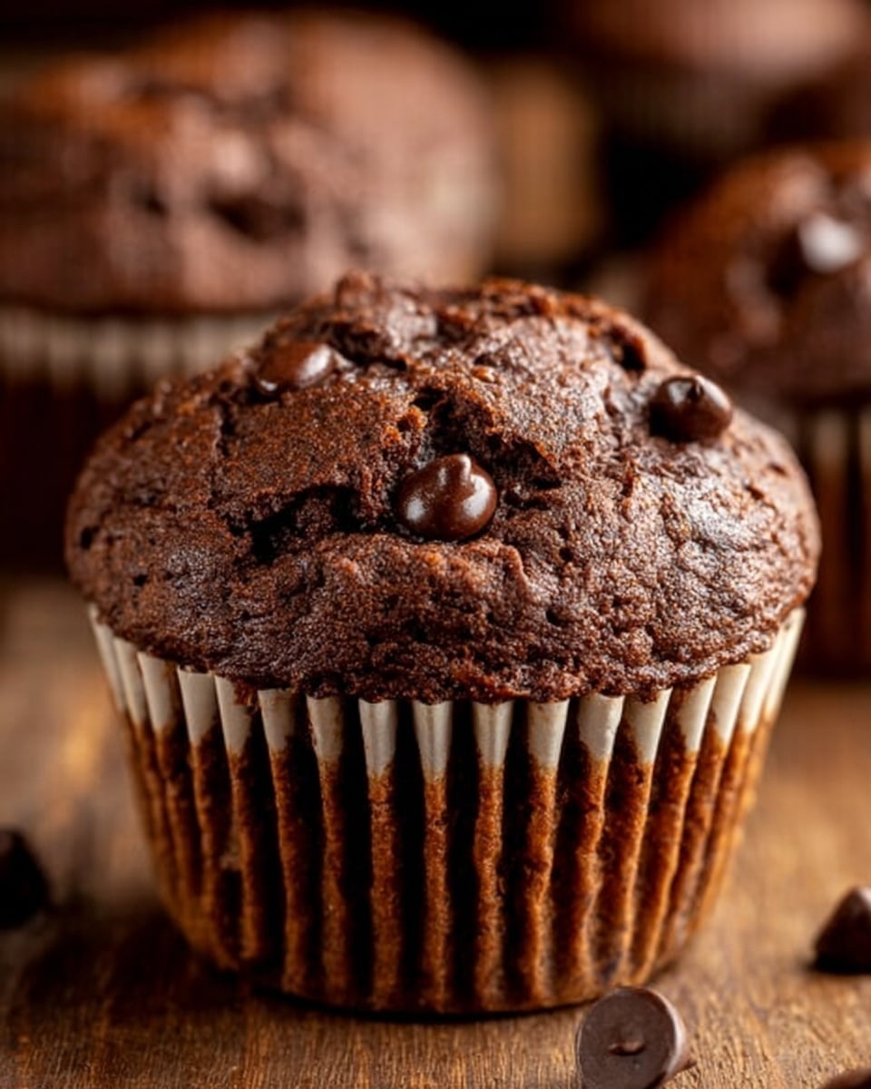 A close-up image of a chocolate muffin with a rough, cracked top showing a few melted chocolate chips embedded on the surface, set in a white paper cupcake liner with vertical ridges. The muffin is deep brown and moist-looking, sitting on a wooden textured surface with blurred chocolate muffins in the background that emphasize the main one in sharp focus. The lighting highlights the rich texture and slight shine of the melted chips on the slightly uneven surface. photo taken with an iphone --ar 4:5 --v 7