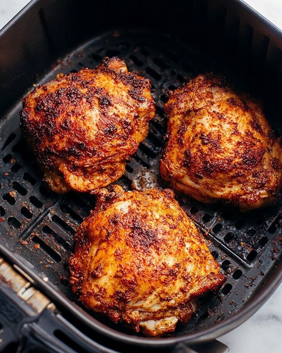 Three crispy cooked chicken thighs with a golden brown and slightly charred skin are placed inside a black air fryer basket. The chicken thighs have a textured surface showing the mix of spices and roasting marks. The basket has small slots and a few bits of seasoning at the bottom. The background shows a white marbled surface. photo taken with an iphone --ar 4:5 --v 7