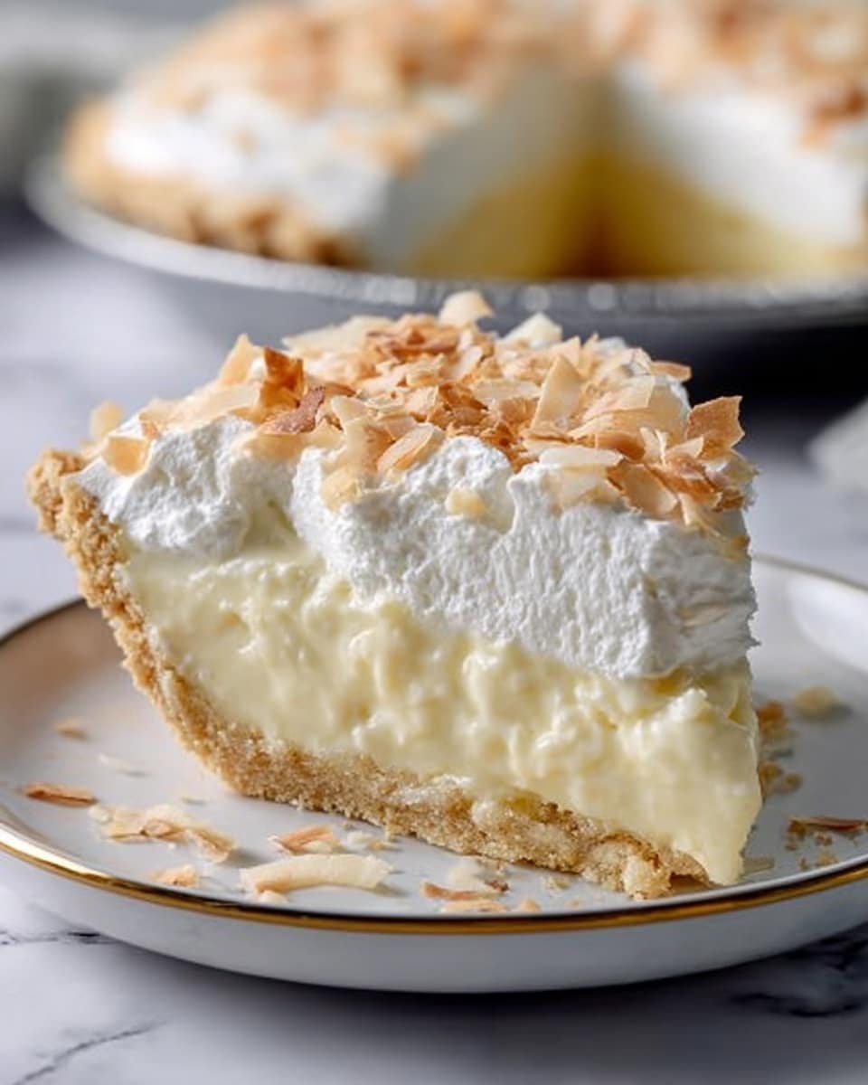 The image shows a slice of creamy pie on a white plate with a gold rim, placed on a white marbled surface. The pie has three visible layers: the bottom crust is a light golden color with a slightly crumbly texture, the middle layer is a thick, smooth, pale yellow custard, and the top layer is fluffy white whipped cream sprinkled with toasted coconut flakes that are light brown and golden. The background has a blurred view of the full pie in a glass pie dish with a similar topping. Photo taken with an iphone --ar 4:5 --v 7