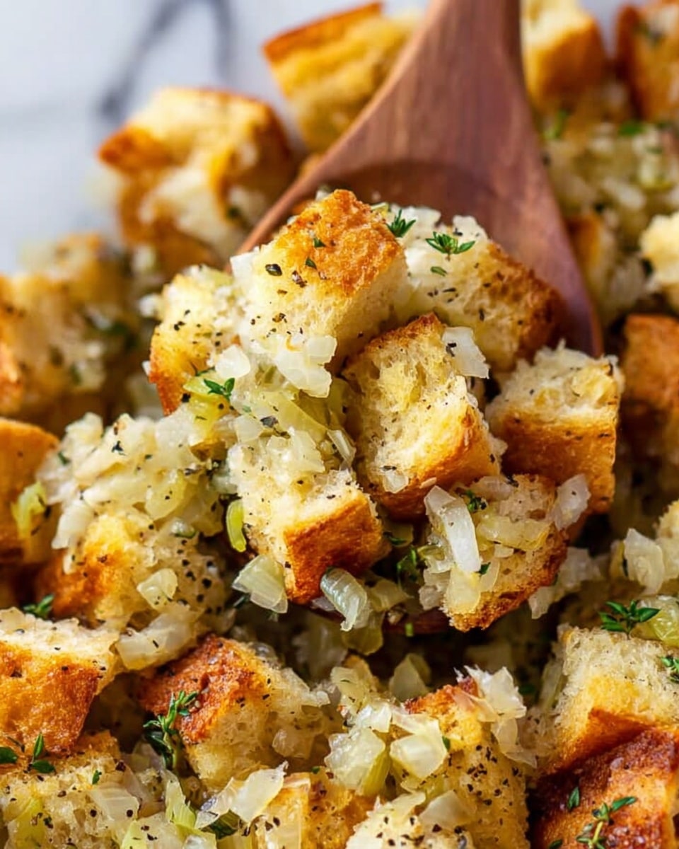 The image shows a close-up of a dish with several layers of toasted golden-brown bread cubes mixed with yellowish cooked onions and small bits of herbs scattered throughout. The bread pieces have a rough texture and some edges are browned and crispy, with the onions looking soft and slightly translucent. The colors mainly feature warm golden yellows, light browns, and pale green from herbs, all resting on a white marbled surface. A wooden spoon lifts a spoonful of the mixture. photo taken with an iphone --ar 4:5 --v 7