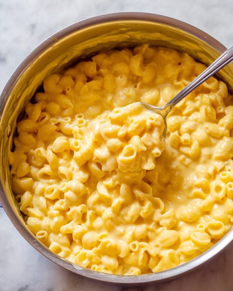 A close-up view of creamy macaroni and cheese in a silver pot, filled nearly to the brim with soft, small shell pasta coated evenly in a smooth, thick layer of melted yellow cheese sauce. A silver spoon is partially dipped into the macaroni, lifting some of the cheesy pasta above the rest, showing the shiny and gooey texture of the dish. The pot sits on a white marbled surface that highlights the warm, rich color of the macaroni and cheese. Photo taken with an iphone --ar 4:5 --v 7