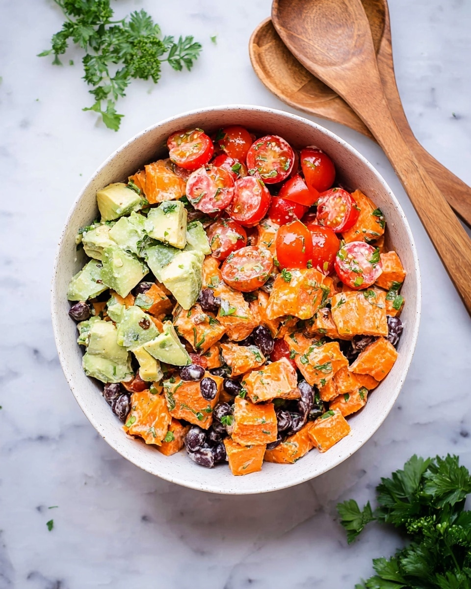 The image shows a white bowl filled with a colorful mixed salad consisting of several layers, each with varied colors and textures. The bottom layers include orange cubes of sweet potatoes and black beans scattered throughout. The middle layers have chunks of bright red and yellow tomatoes, along with diced pale green avocado pieces. The mix is lightly coated with a creamy dressing, speckled with small green herb bits, adding freshness to the salad. The bowl is placed on a white marbled textured surface with a wooden spoon carver next to it and several red tomatoes on stems to the left, with a sprig of fresh green herbs in the top right corner. photo taken with an iphone --ar 4:5 --v 7
