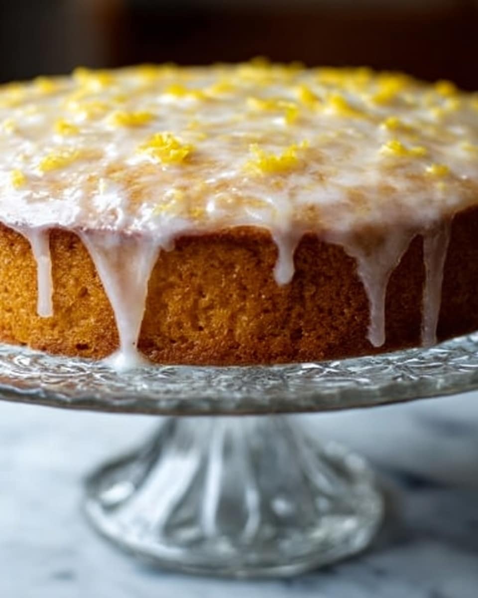 A close-up image of a single-layer round cake on a clear glass stand, with a golden brown base and a shiny, thick, pale yellow glaze that drips slowly down the sides, creating glossy textured trails. The background is a white marbled surface, softly out of focus, emphasizing the cake's moist and rich appearance. Photo taken with an iphone --ar 4:5 --v 7
