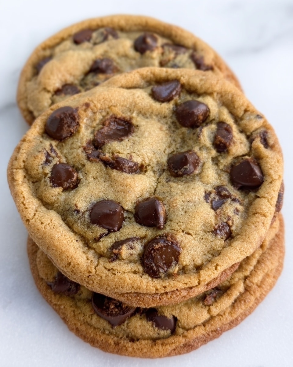 The image shows a close-up of three round chocolate chip cookies stacked neatly on a white plate, placed on a white marbled surface. Each cookie has a golden brown color with a slightly crispy edge and a chewy center, dotted with unevenly scattered dark brown chocolate chips that are partially melted. The texture of the cookies appears soft and slightly cracked on top, showing the warmth and freshness of the baked treat. The focus is on the top cookie, with the other two slightly blurred behind it, creating a sense of depth. photo taken with an iphone --ar 4:5 --v 7