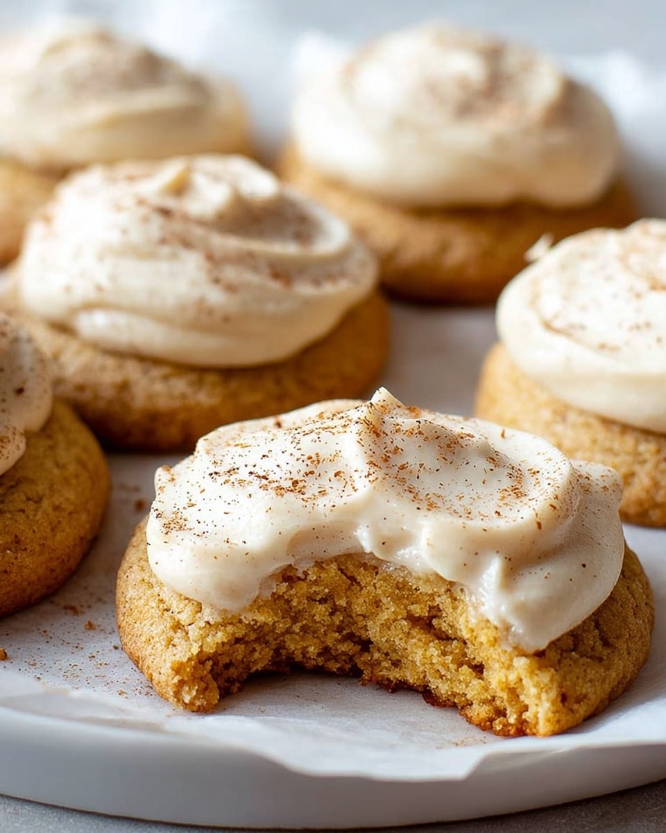 The image shows soft, round cookies with a light golden brown color and a slightly crumbly texture. Each cookie has one thick layer of smooth, creamy frosting on top that is a pale off-white shade, dusted lightly with ground cinnamon or nutmeg for speckled brown accents. One cookie in the front is bitten, revealing a tender, moist interior with tiny air pockets. The cookies are arranged closely together on white paper resting in a white plate, all placed on a white marbled surface. Photo taken with an iphone --ar 4:5 --v 7