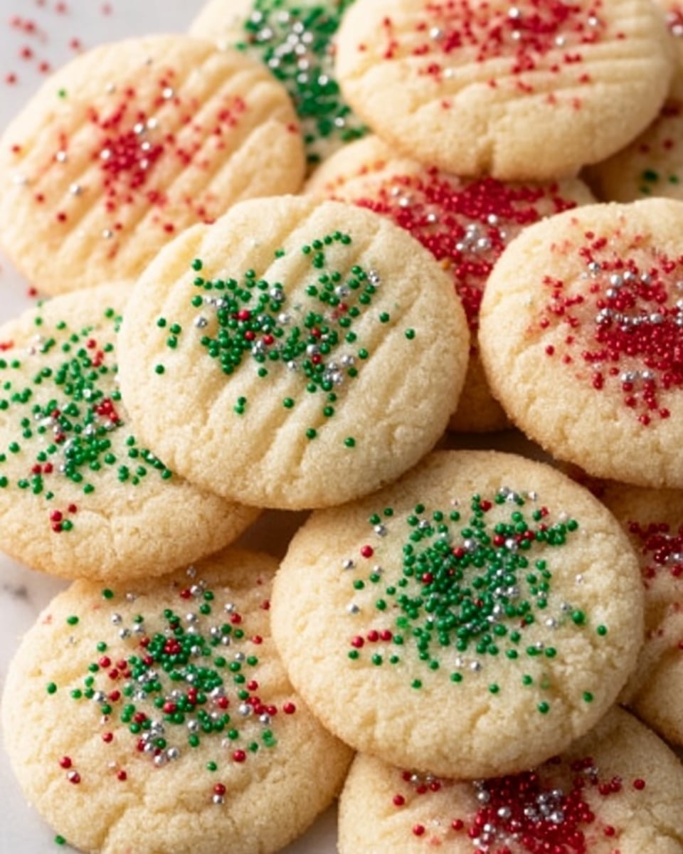 A close-up view of a pile of soft, round sugar cookies with light golden edges, each decorated with different colored sugar sprinkles on top—red, green, and silver—scattered evenly. The cookies have a slightly crumbly texture with subtle fork marks pressed into their tops, showing a gentle pattern. They rest on a white marbled surface, creating a clean and simple background that highlights the warm tones of the cookies. photo taken with an iphone --ar 4:5 --v 7