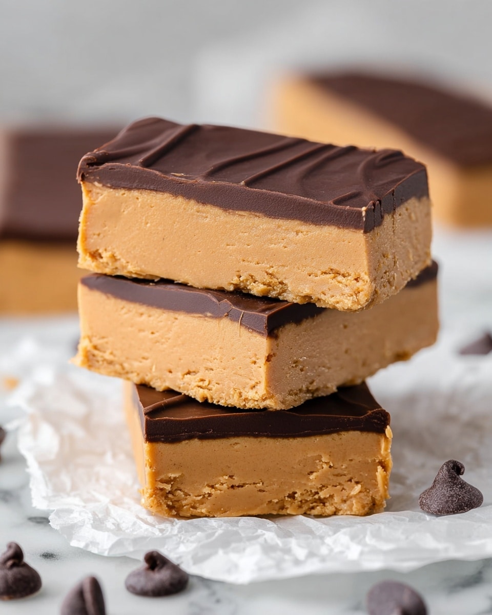 The image shows three thick rectangular bars stacked on each other with two main layers. The bottom layer is a dense, creamy peanut butter color with a slightly crumbly texture, while the top layer is a smooth, glossy dark chocolate coating with slight ridges on the surface. The bars are placed on a crumpled white paper, with a few dark chocolate chips scattered around on a white marbled surface. The focus is on the front stack, with an out-of-focus stack in the background. photo taken with an iphone --ar 4:5 --v 7