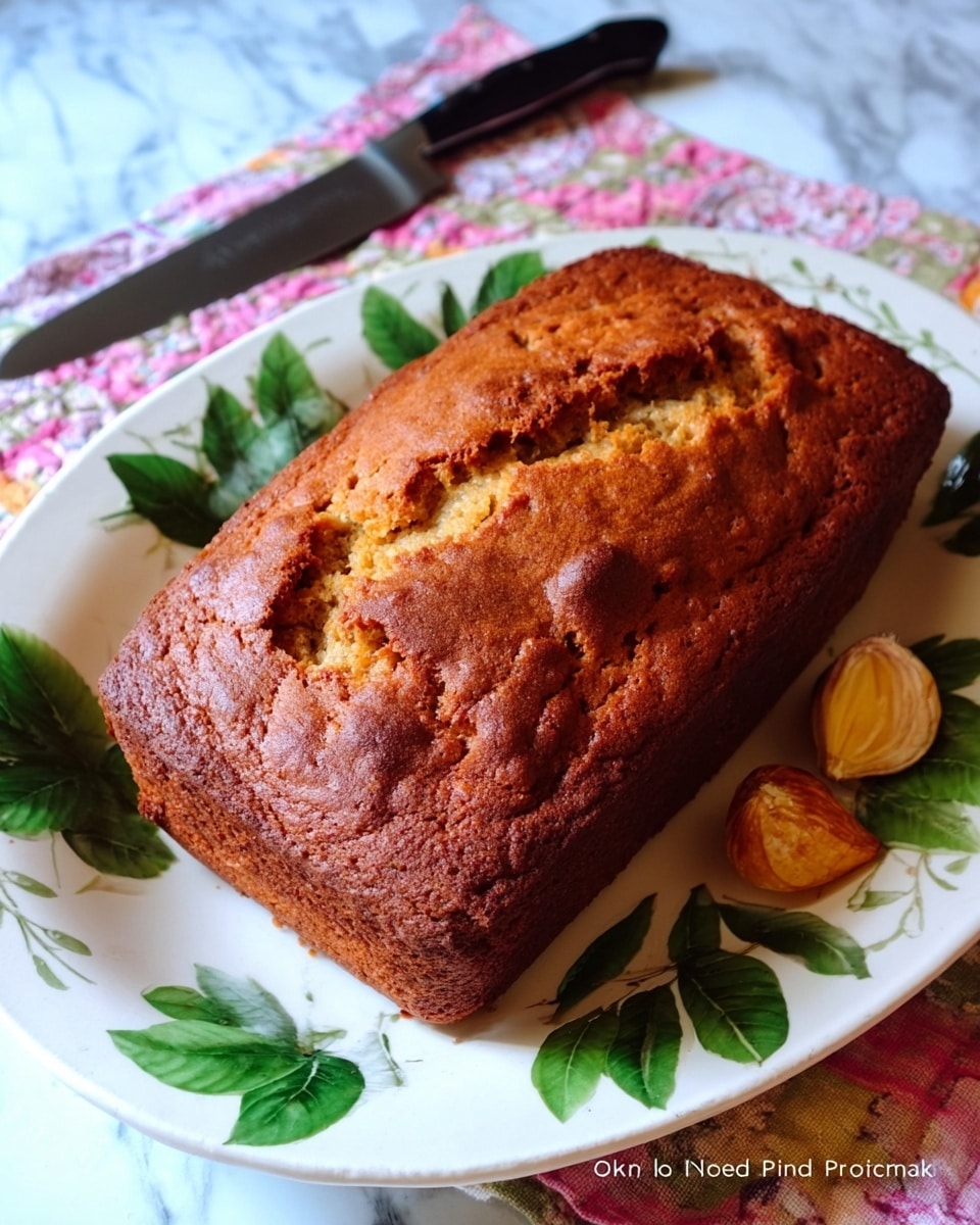 A whole loaf of golden brown bread with a slightly cracked top crust sits on a white plate decorated with green leaves and yellow flowers, placed on a white marbled textured cloth with colorful patterns beneath. Next to the loaf is a black knife with a wooden handle resting on the edge of the plate. The bread looks moist and dense with a rough, crumbly surface. Photo taken with an iphone --ar 4:5 --v 7