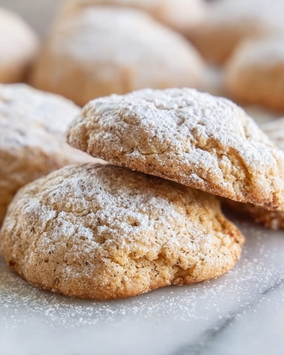 The image shows a close-up of soft, round cookies with a light brown color and a slightly rough texture. Each cookie is dusted with a thin layer of white powdered sugar, giving them a delicate, snowy appearance. The cookies are placed closely together on a white marbled surface, and the focus is on the front two cookies with others blurred in the background. One cookie leans slightly on another, showing its thickness and soft edges, creating a warm and inviting feel. Photo taken with an iphone --ar 4:5 --v 7