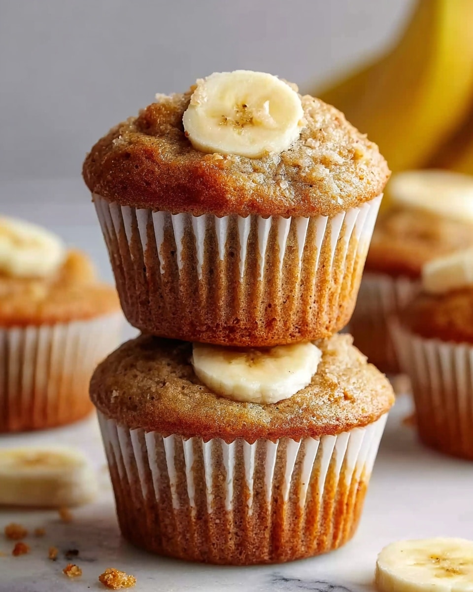 The image shows two banana muffins stacked on top of each other on a white marbled surface, each muffin in a white paper liner with a golden-brown top that looks soft and moist. The muffin on the bottom has a slice of banana placed on its crown, while the muffin on top has a similar banana slice in the middle of its rounded top. In the background, there are more muffins slightly blurred to keep focus on the stacked pair. A few banana slices and crumbs are scattered on the surface around the muffins, adding a natural, fresh look. photo taken with an iphone --ar 4:5 --v 7