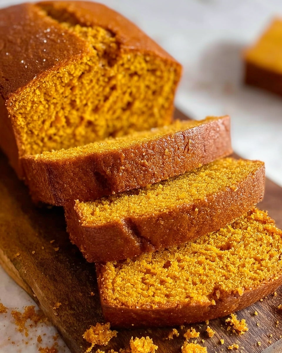 The image shows a loaf of pumpkin bread with three slices cut and placed in front of the remaining loaf. The bread has a warm orange-brown color with a soft, moist texture inside and a slightly darker, firm crust on top and around the edges. The slices are stacked on a wooden board, and some crumbs are scattered around them. The background is a white marbled texture. Photo taken with an iphone --ar 4:5 --v 7