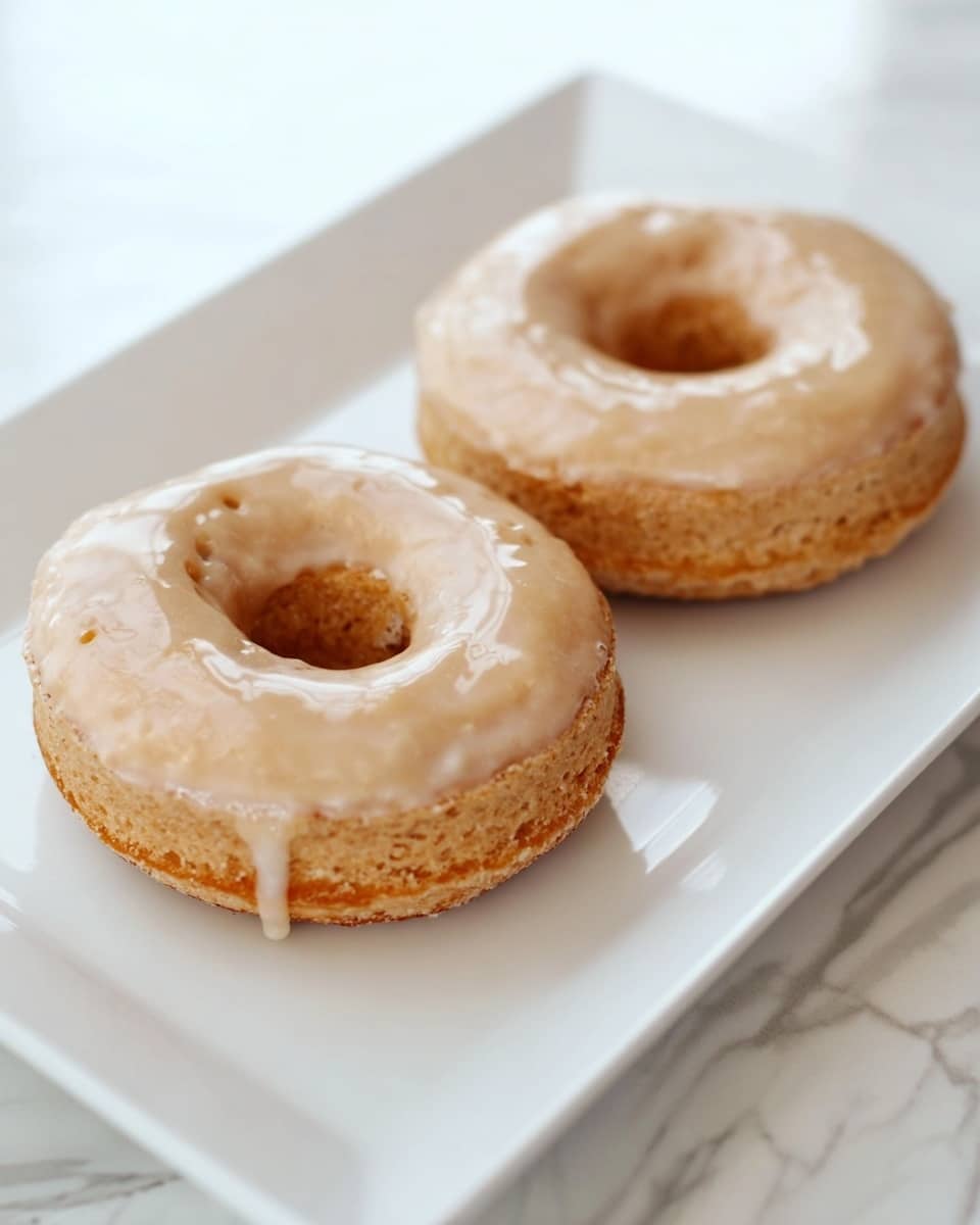 Two round donuts with a light beige glaze sit on a white rectangular plate. Each donut has a thick golden brown base with a slightly rough texture and a smooth, shiny glaze layer on top, some glaze dripping a bit over the edges. The plate rests on a white marbled surface. photo taken with an iphone --ar 4:5 --v 7