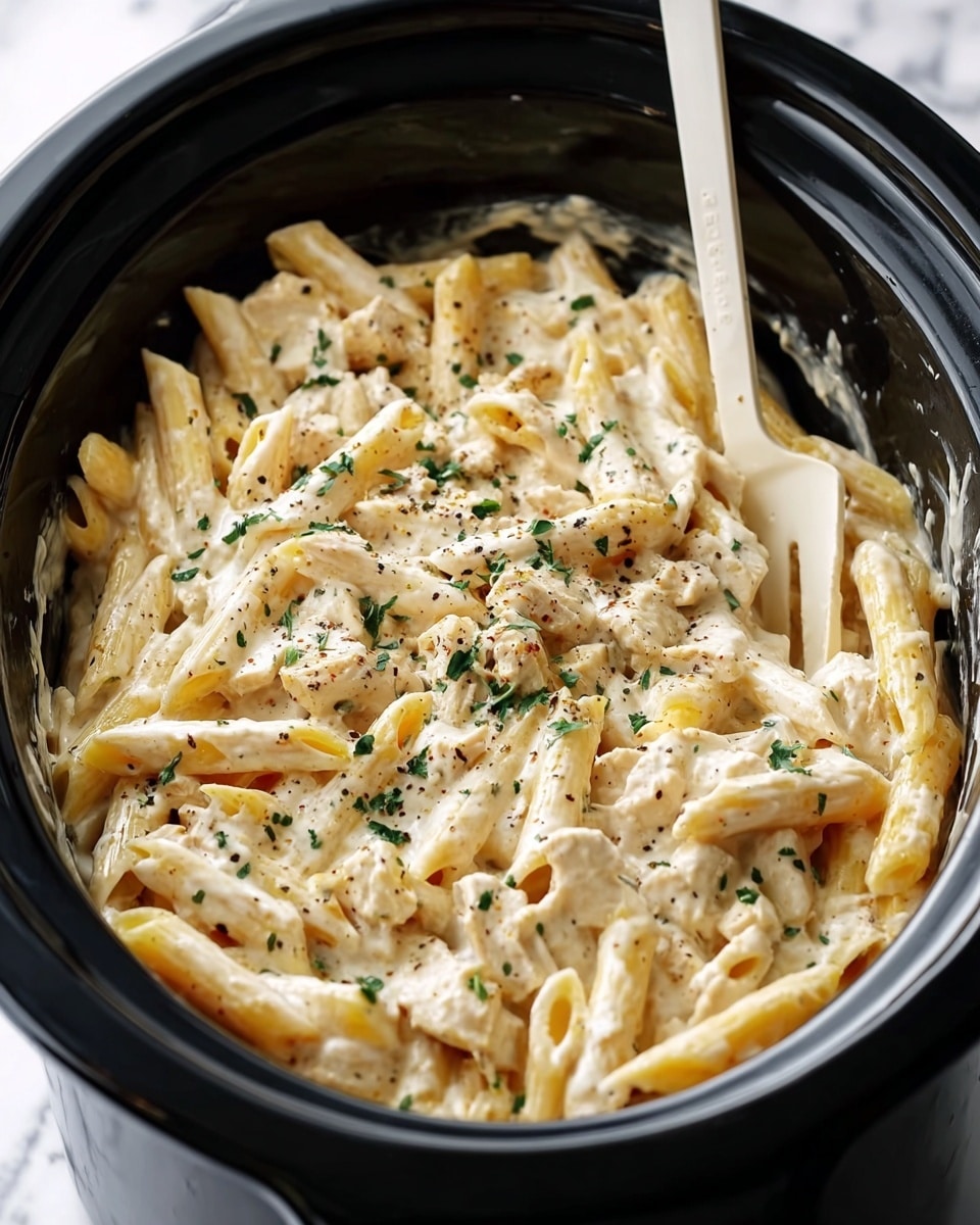 The image shows a black slow cooker filled with creamy pasta. The pasta is penne, coated in a thick white sauce with small pieces of cooked chicken mixed in. The top layer is sprinkled with chopped green herbs and black pepper, adding color and texture. A white plastic fork rests on the right side, partially inserted into the pasta. The background is a white marbled texture. photo taken with an iphone --ar 4:5 --v 7