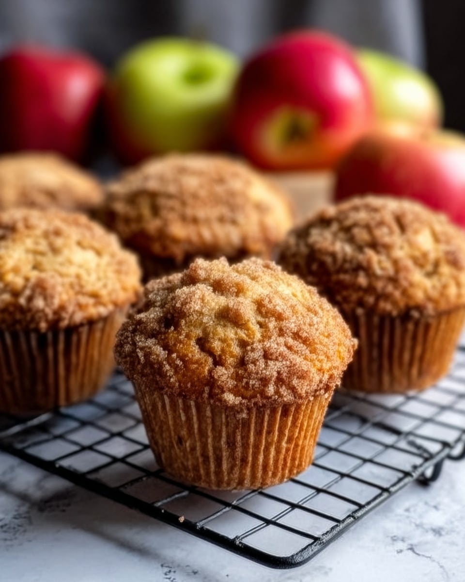 The image shows five golden brown muffins with a crumbly, sugary top layer that looks slightly crunchy. Each muffin has a lightly ridged paper wrapper in white, and the muffins are sitting on a black wire cooling rack placed over a white marbled surface. In the background, there are blurred red and green apples adding a fresh touch to the scene, along with a folded gray cloth on the left side. The soft natural lighting highlights the texture of the muffin tops and the smoothness of the white wrappers. Photo taken with an iphone --ar 4:5 --v 7