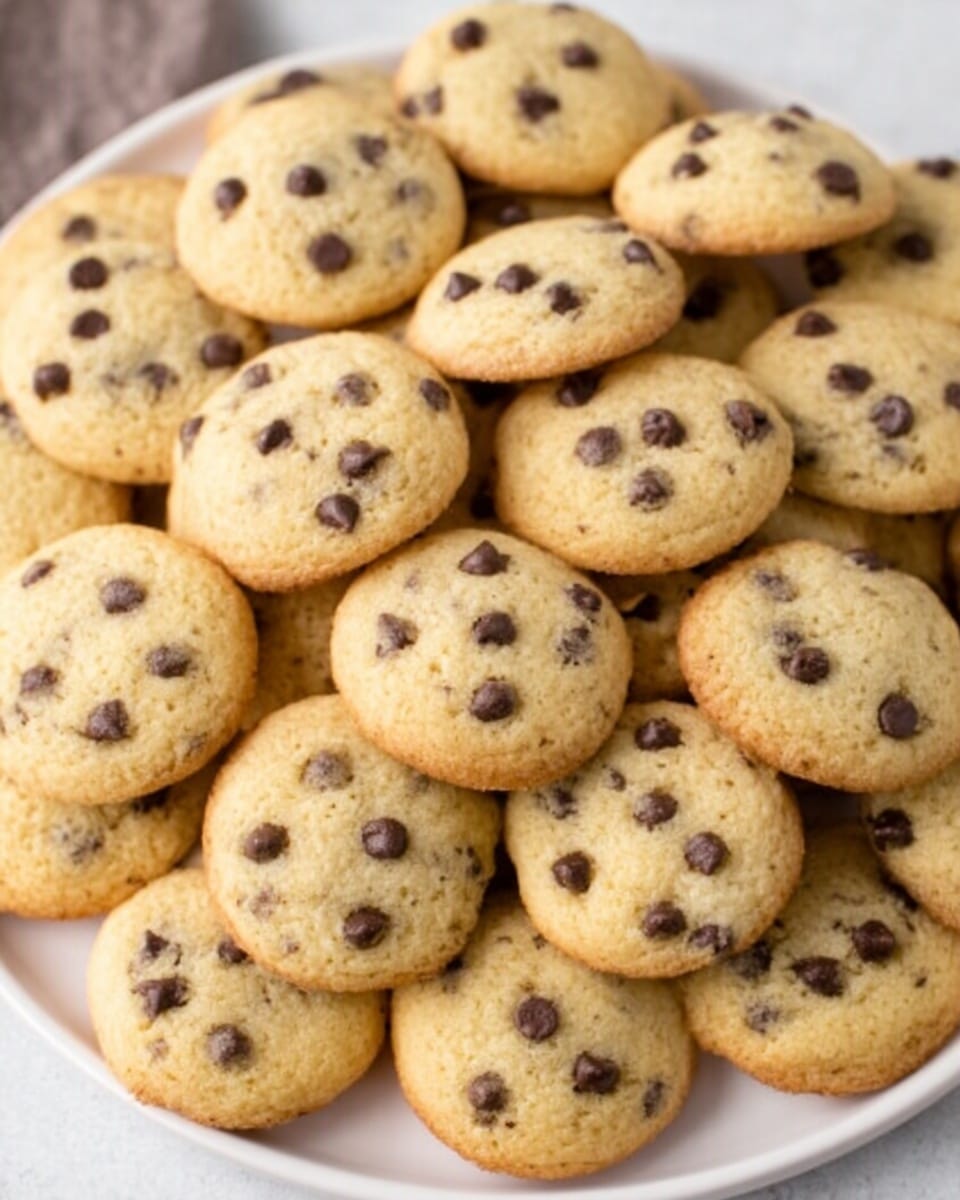 The image shows a pile of small, round chocolate chip cookies resting closely together on a white plate. Each cookie has a light golden-brown color with a soft texture and is studded evenly with small dark chocolate chips. The cookies are uniformly sized, creating a crowded, inviting display that fills the frame. The background surface has a white marbled texture, making the cookies stand out clearly. A woman's hand is gently holding the edge of the plate. photo taken with an iphone --ar 4:5 --v 7