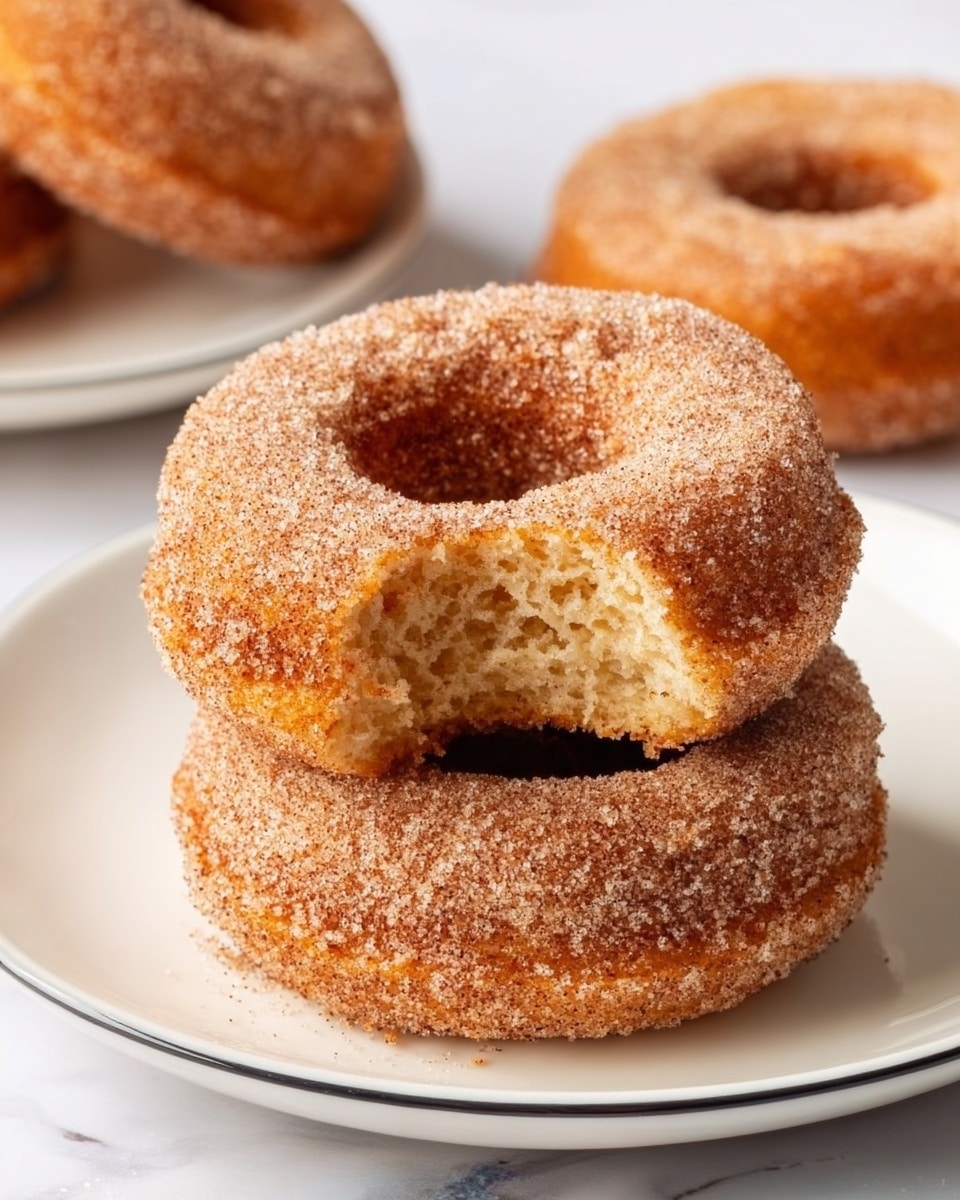 The image shows three cinnamon sugar donuts stacked on a white plate with a thin black rim, placed on a white marbled surface. The top donut has a bite taken out, revealing a soft, golden brown interior with a fluffy texture. Each donut is coated thickly with a layer of sparkling cinnamon sugar crystals that give them a slightly rough texture and warm brown color. Photo taken with an iphone --ar 4:5 --v 7