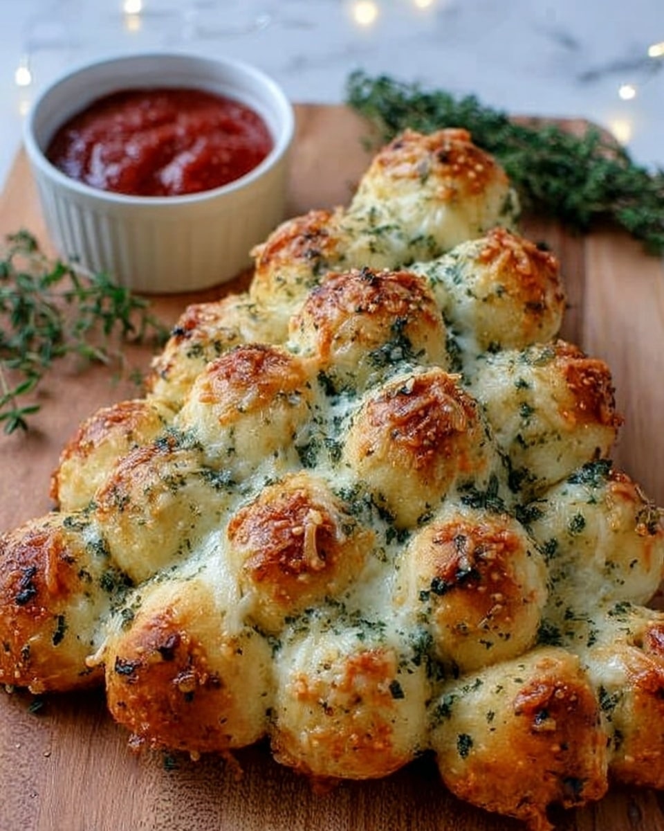 A tree-shaped bread made of small round bread balls closely placed together, each ball golden brown and topped with melted cheese and bits of green herbs. The bread has a soft, fluffy texture with some white and light golden spots visible between the cheese. It sits on a wooden board with a small white bowl of red marinara sauce on the upper left side, and some green herb sprigs to the right. The background is a white marbled surface. Photo taken with an iphone --ar 4:5 --v 7