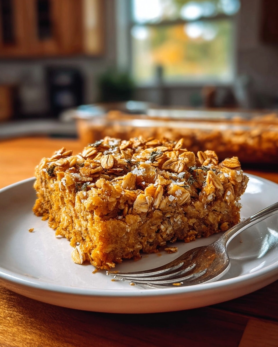 A square bar sits on a white plate, showing three visible layers: the bottom layer has a dense texture with light brown oats tightly packed, the middle layer is a soft, slightly glossy orange filling, and the top layer is a crumbly oat topping with scattered oats and a golden brown color. The plate is on a wooden surface with a blurred kitchen background featuring windows and warm light. A silver spoon lies next to the bar on the plate. Photo taken with an iphone --ar 4:5 --v 7