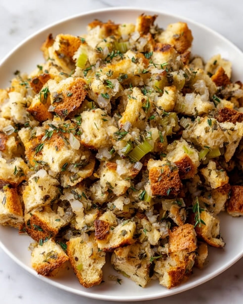 The image shows a white round plate filled with a rustic bread stuffing made of roughly torn golden-brown toasted bread pieces mixed with small, translucent diced onions and finely chopped green herbs scattered evenly throughout. The stuffing has a slightly crispy texture on the edges, with soft, moist areas in the middle. The plate sits on a white marbled surface, adding a clean, bright background to the warm tones of the dish. photo taken with an iphone --ar 4:5 --v 7