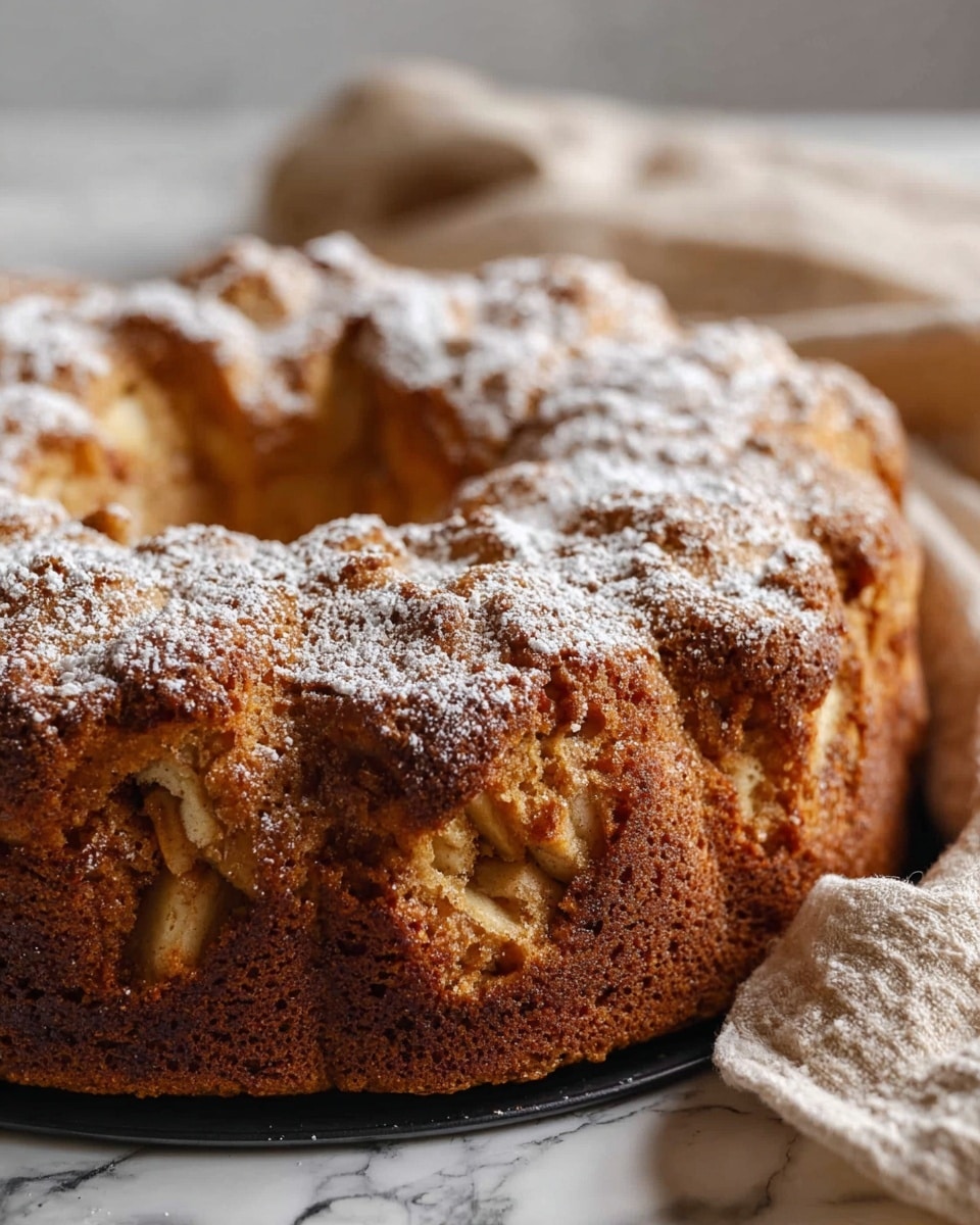 A close-up of a round bundt cake with a thick, rough texture and a rich golden-brown color. The cake has visible chunks of light brown apple pieces embedded in the sides, showing through the bumpy surface. The top is irregular and domed with a slightly cracked, toasted appearance, dusted evenly with a fine layer of white powdered sugar. It sits on a black cake pan placed on a white marbled surface, with a soft beige cloth in the background. photo taken with an iphone --ar 4:5 --v 7